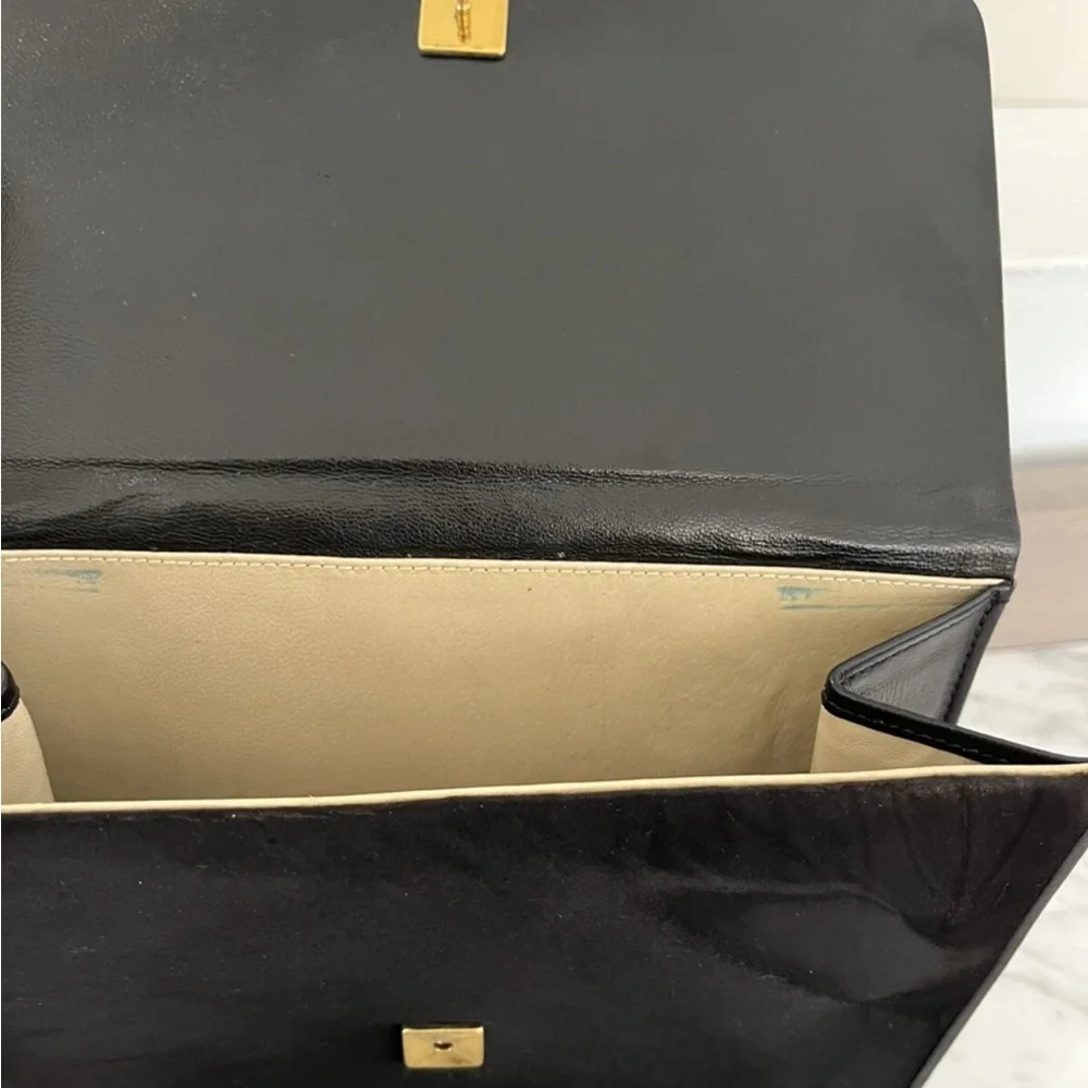 Black Purse Double Flap Evening Bag Leather Pony Satin Gold Vintage 50s 60s
